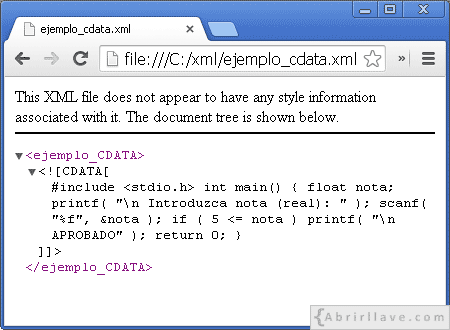 View example_cdata.xml file in Google Chrome - Example of the {Abrirllave.com XML tutorial
