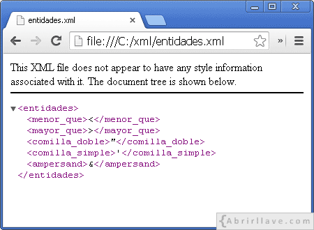 Viewing the entities.xml file in Google Chrome - Example of the Abrirllave.com XML tutorial