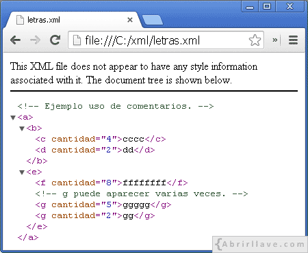 Displaying the letras.xml file in Google Chrome - Example of the {Abrirllave.com XML tutorial