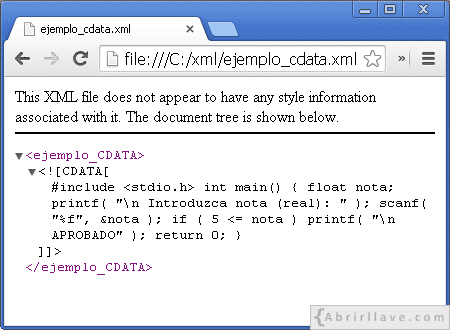 Visualització de l'arxiu ejemplo_cdata.xml a Google Chrome - Exemple d'el tutorial de XML de {Abrirllave.com