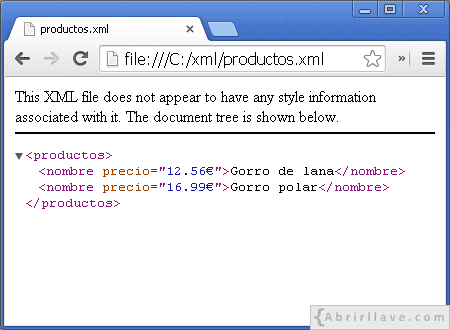 Visualització de l'arxiu productos.xml a Google Chrome - Exemple d'el tutorial de XML de {Abrirllave.com